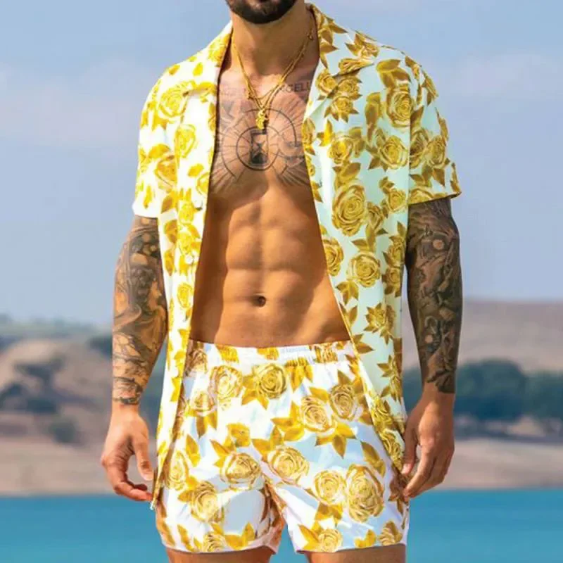 2023 New Summer Men Hawaiian Sets Printing Short Sleeve Button Shirt Beach Shorts Two Set Casual Holiday Men's Tees Fashion Hot summer men s tracksuits 2 piece sets streetwear short sleeve t shirts and shorts casual printed loose top tees