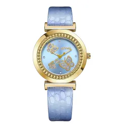 Fashionable Women's Gold Butterfly Diamond Quartz Watch Set (Sky Blue)