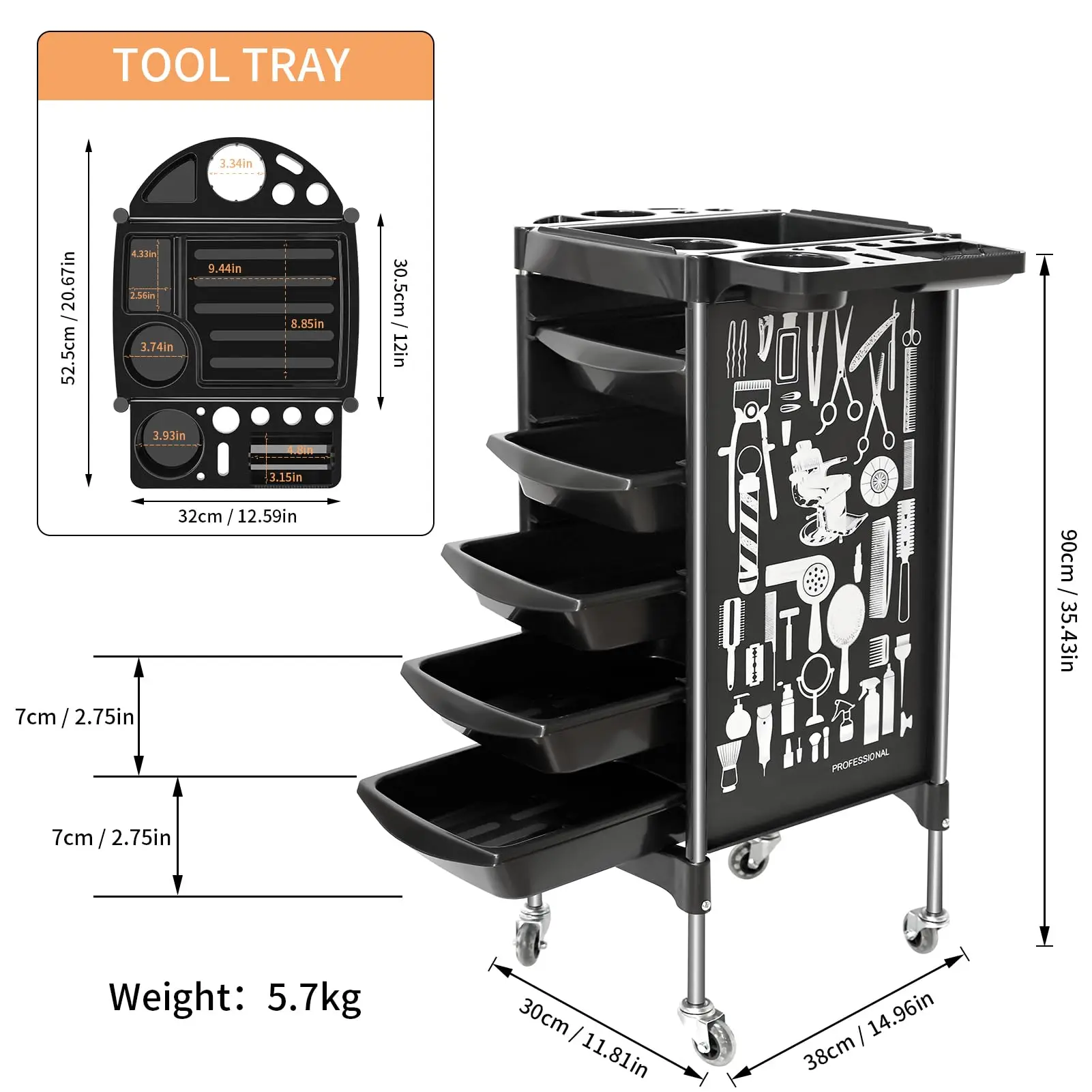 Salon Trolley Cart on Wheels Multifunction 5 Drawer Hair Stylist Rolling Cart Professional Hairdresser Hair Dye Storage Tools