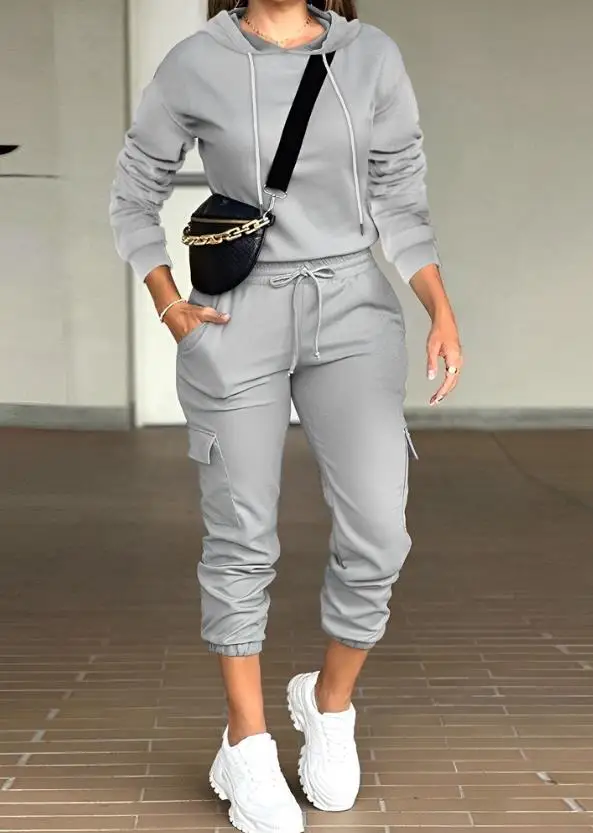 Two Piece Set Women Outfit 2023 Spring Fashion Long Sleeve Hooded Top & Casual Plain Pocket Design Drawstring Long Pants Set