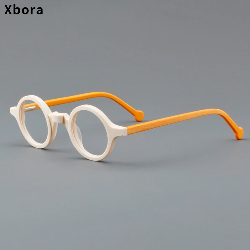 

Xbora Round Men's Acetate Glasses Frame Retro Wood Grain Hyperopia Myopia Women's Optical Prescription Eyeglasses 5802