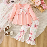 Girls Sweet Floral Print Outfit with Butterfly Knot And Lace Sleeve Cuffs Flared Bottom Large Flower Print Everyday Casual Wear