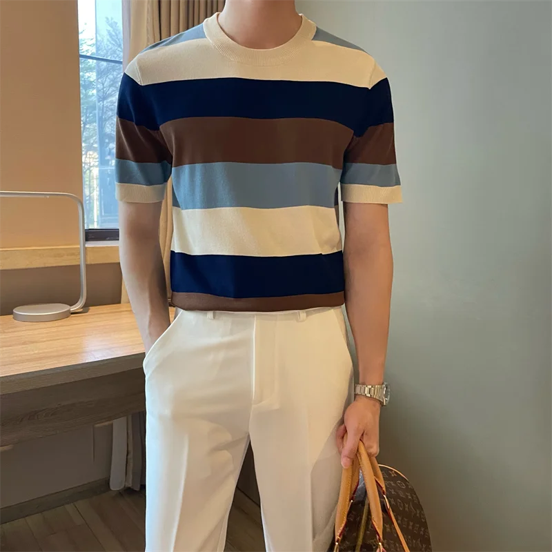 

Korean Style Summer Short Sleeve Patchwork Striped Knit T-shirt Mens Round Neck Slim Fit Casual High-quality Knitted T Shirt