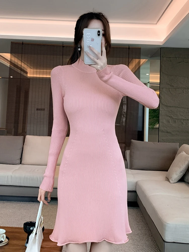 

Spring Knitted Elastic Short Dress Women Clothing Sweater Simple Long Sleeve Bodycon Fishtail Gown Street Wild Mujer Vestidos