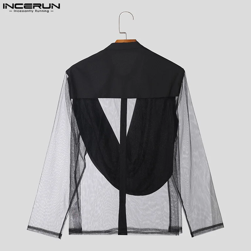 INCERUN Tops 2024 Handsome New Mens Front Swing Collar Patchwork Mesh Shirts Casual Sexy Solid Color Medium Sleeved Blouse S-3XL