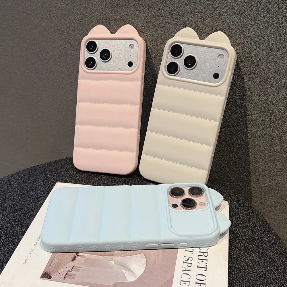Adorable 3D Cat Ears Soft Phone Case with Down Jacket Shockproof Back Cover