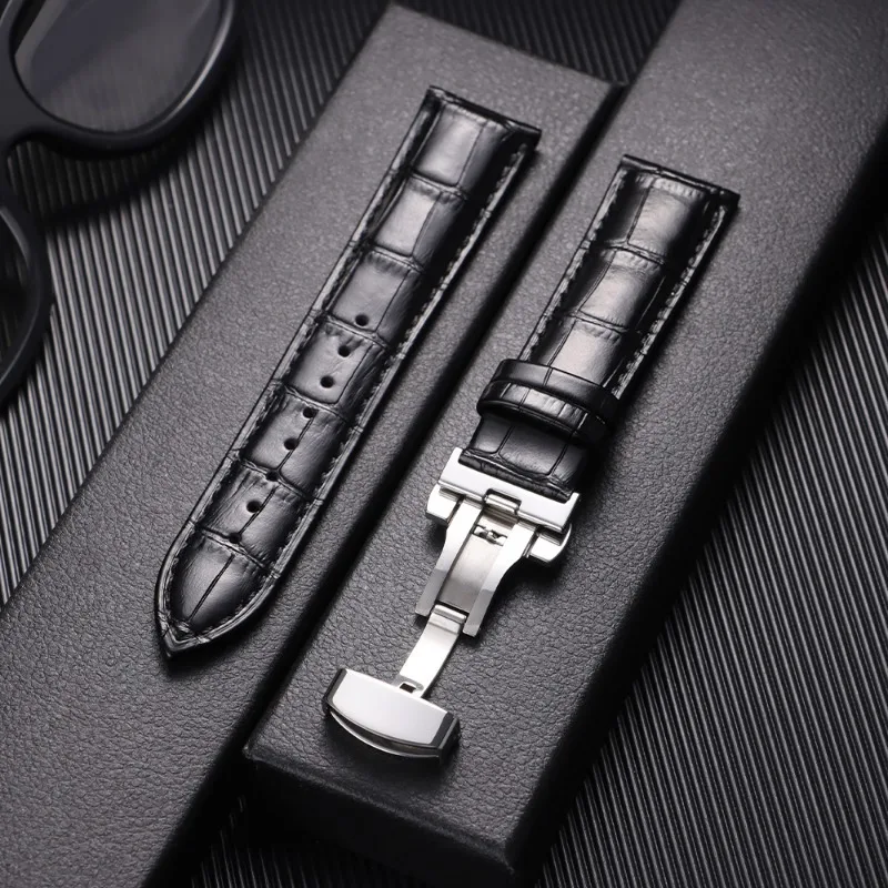 Elegant Leather Cowhide Watch Band with Butterfly Buckle - Business Bracelet Style
