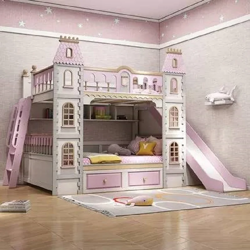 Full solid wood children's bed, double layered bed, high and low two princesses, dreamy castle slide