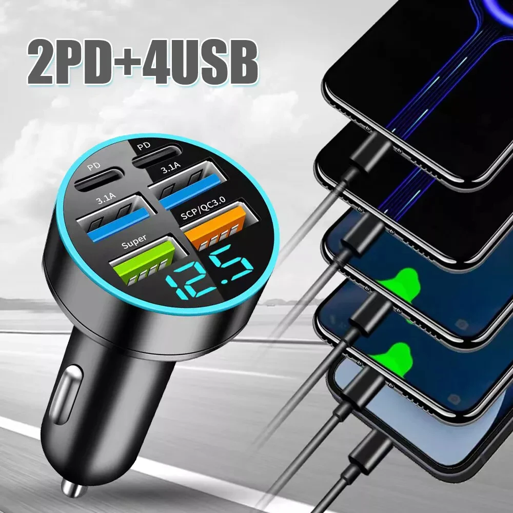 100W 5/6 Ports Car Charger Digital Display Fast Charging USB Car Lighter PD QC3.0 Car Phone Charger for iPhone Samsung Xiaomi