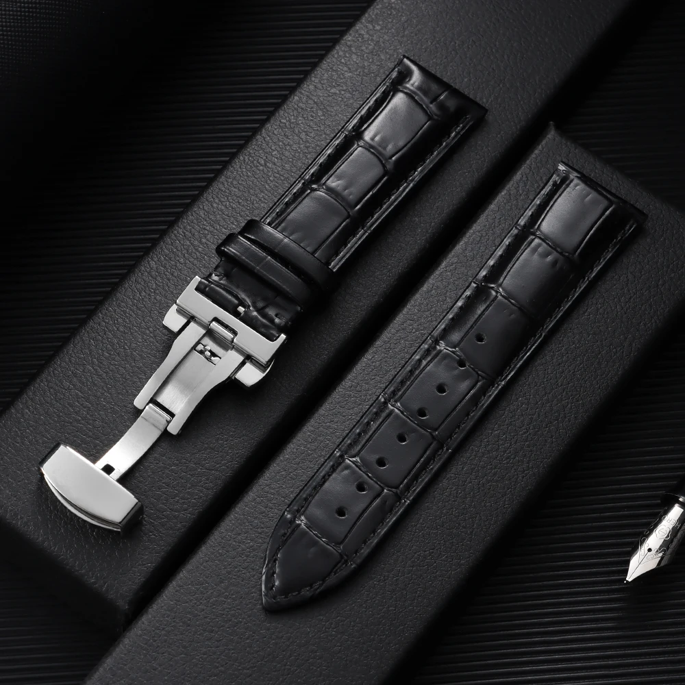 Elegant Leather Watchband with Butterfly Buckle - Universal Strap for Business & Casual Wear