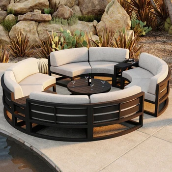 360° Round Outdoor Sofa Set | Deep Grey Aluminum Patio Furniture | Waterproof Garden Balcony Furniture - Image 3