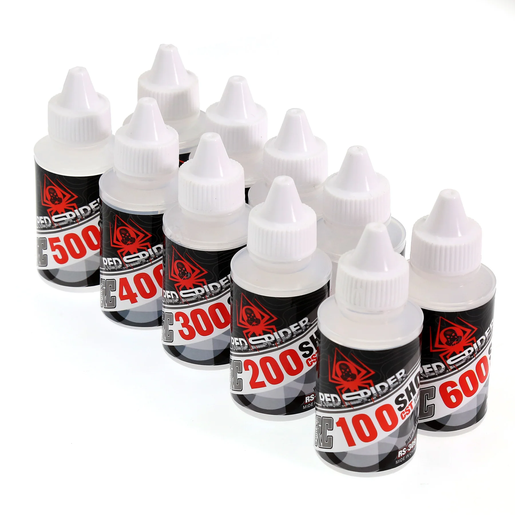 Lot de deux bouteilles d'huile silicone pour amortisseurs RC, viscosités 100cst et 800cst.