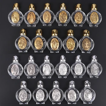 Glass Holy Water Bottle with Jesus & Virgin Cross Sculpture 1