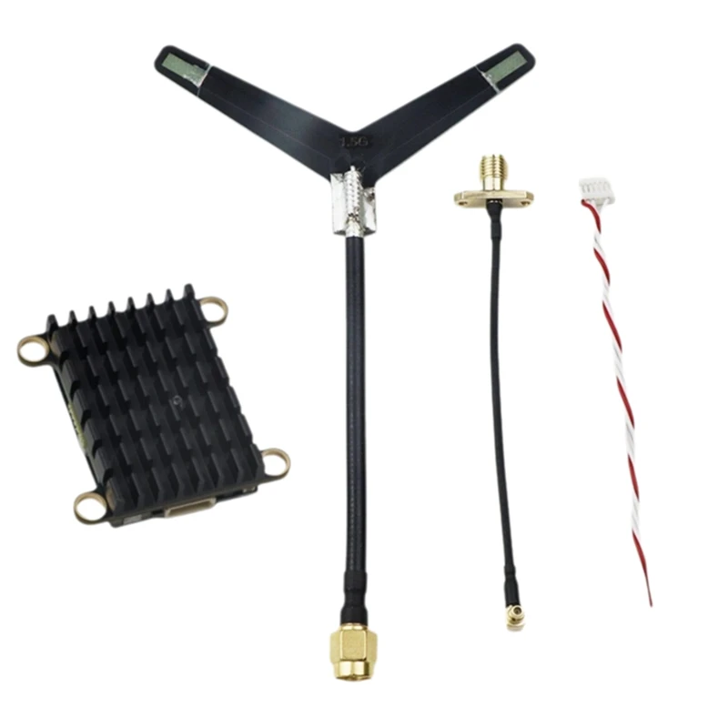 Détail des connecteurs d'antenne SMA et du câble d'alimentation sur le module émetteur vidéo FPV 3W 16CH 3000mW pour drone RC.