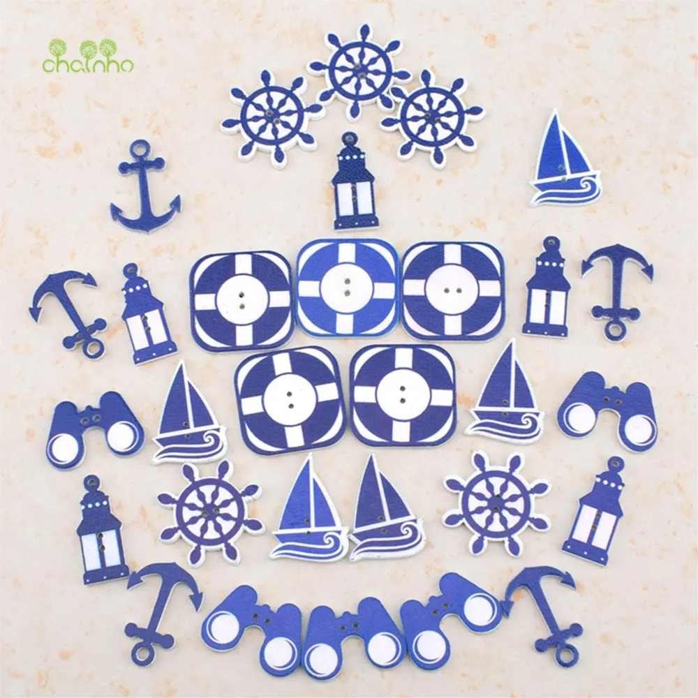 Chainho,Wooden Buttons,2 Holes,Blue Marine Style,DIY Sewing & Quilting Accessories,For Clothes,Bags,Sweaters,60 Pieces,B08