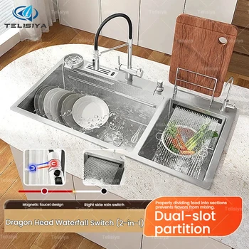 อ่างล้างจานครัวสเตนเลสสตีล 304 แบบมีรูระบายน้ำสองช่องขนาดใหญ่ รุ่นน้ำตกอเนกประสงค์ สำหรับล้างผักและล้างจาน 1