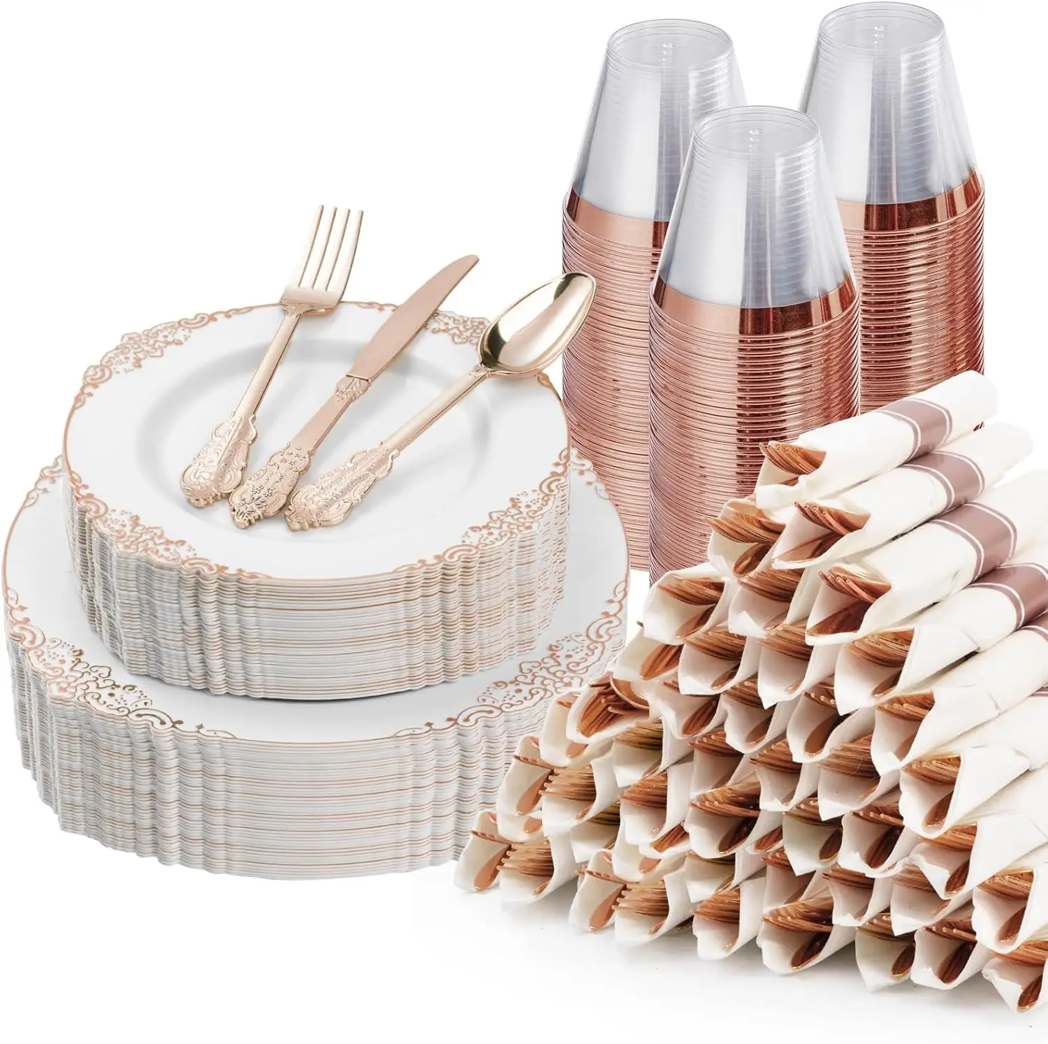 350PCS Rose Gold Plastic Plates for 50 Guests, Disposable Dinnerware Sets Include 100 Rose Gold Rim Plastic Plates 50 Silverware