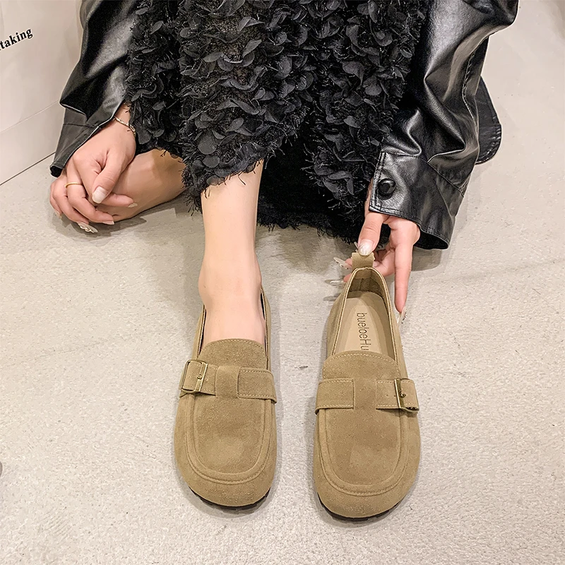 Aphixta Khaki Classic Flats Shoes Women Cotton Fabric Buckle Loafers Shoes Slip On Woman Flat With Student Footwear