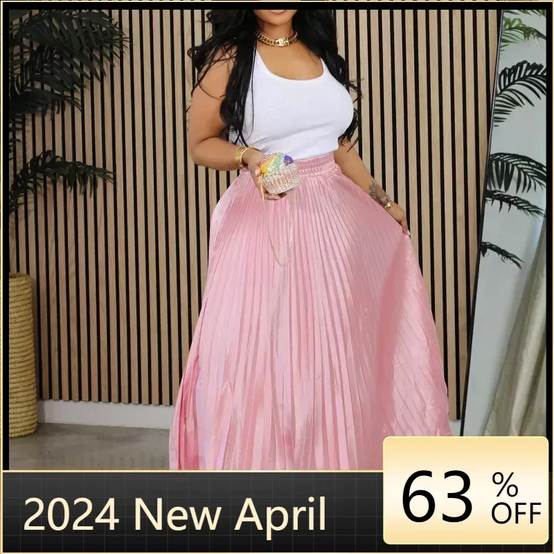 

2024 New Fashionable Women Fashion Pleated Big Swing Maxi Long Skirts Streetwear INS Vintage Loose Party Evening Skirt