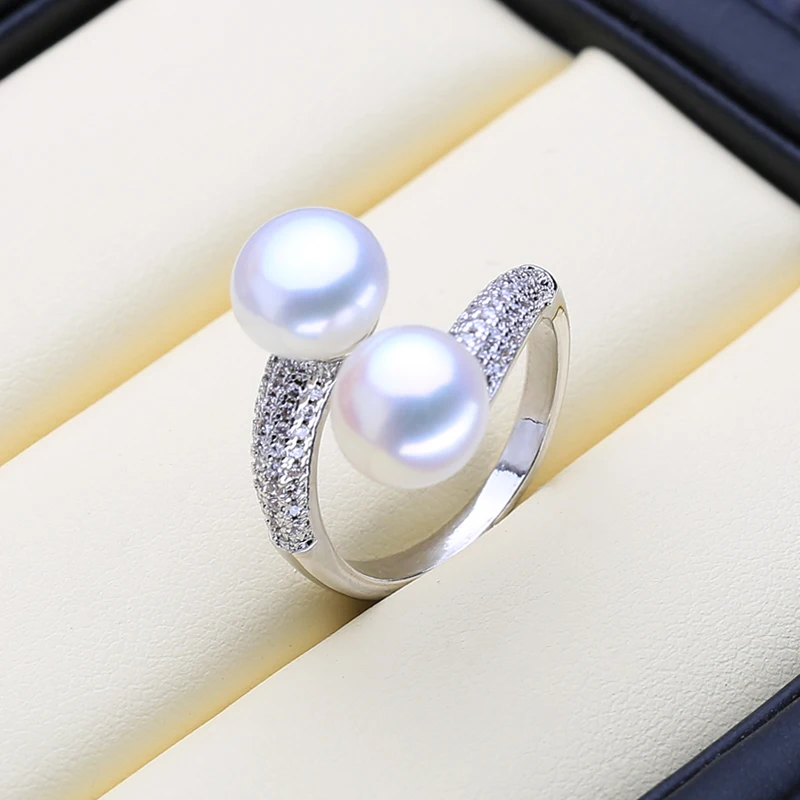 Natural Freshwater Double Pearl Rings For Women Zircon 925 Sterling Silver Jewelry Adjustable Wedding Engagement Ring FENASY silver ring wedding rings silver rings gemstone ring
