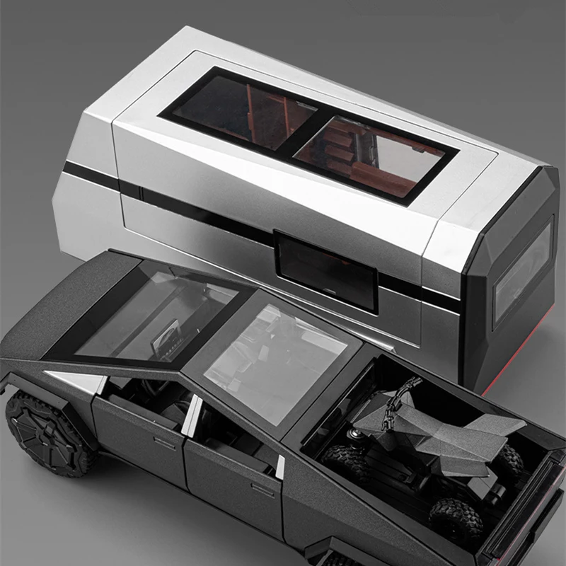 1/24 Cybers Truck Pickup Trailer Alloy Car Model Diecasts Metal Camper Van Motorhome Touring Car Model Sound Light Kids Toy Gift 4