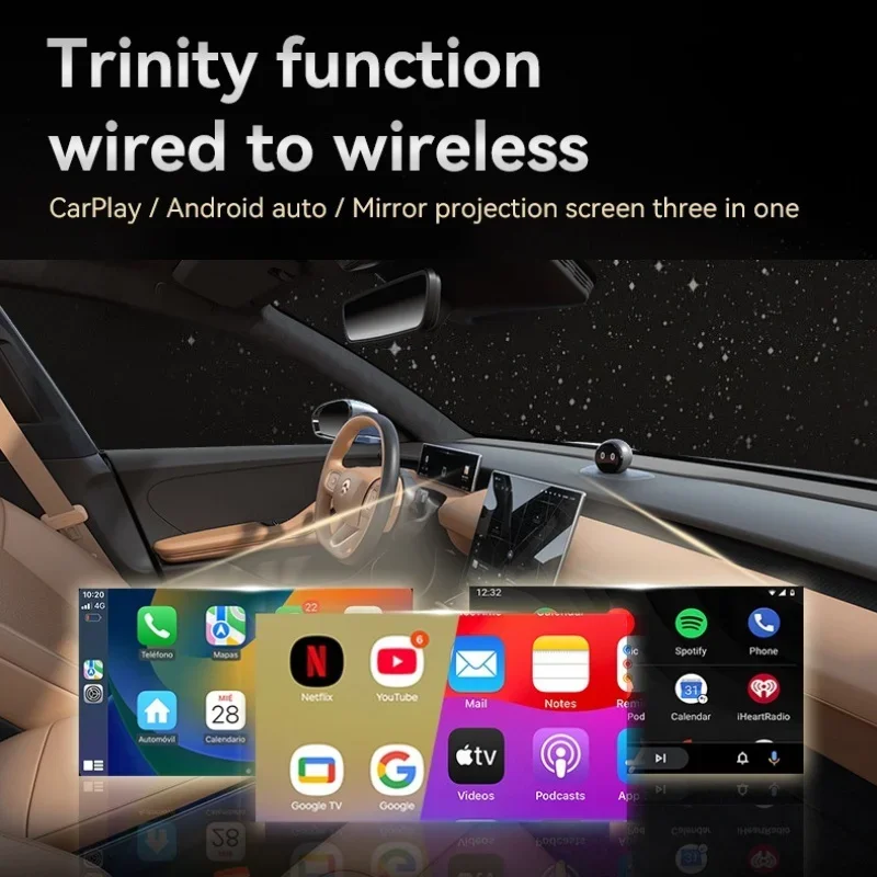 Adaptador Carplay 3 en 1 con enlace de espejo, cable a inalámbrico, para Airplay, Android, Auto MirrorLink, Bluetooth + Wifi, USB, Dongle, caja Ai para coche 2
