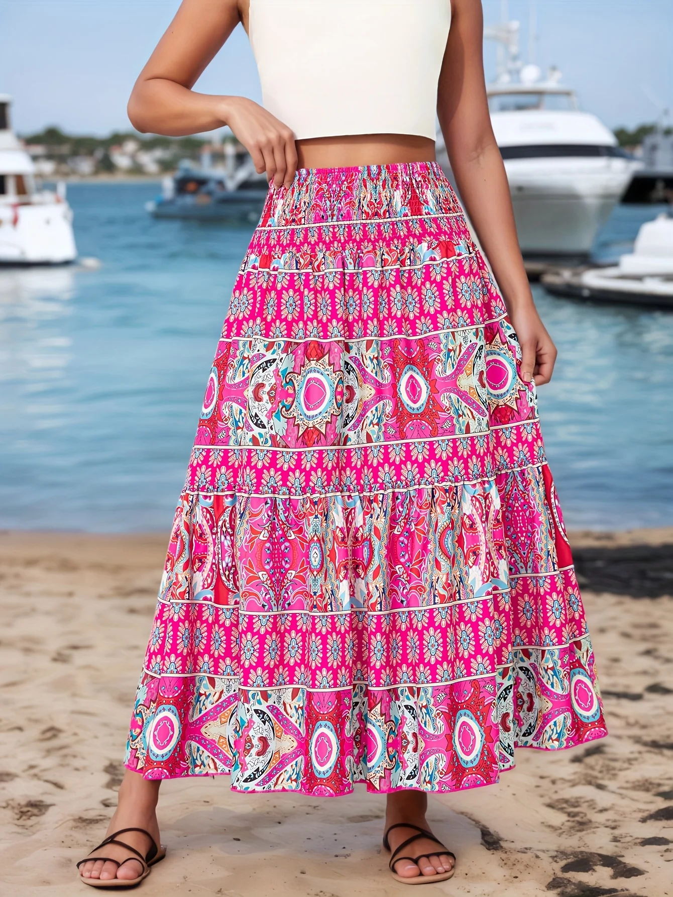 Women's Maxi Long Skirt with Elastic Waist Flowy Tiered Printed Boho Style for Beach Vacation and Daily Wear 1