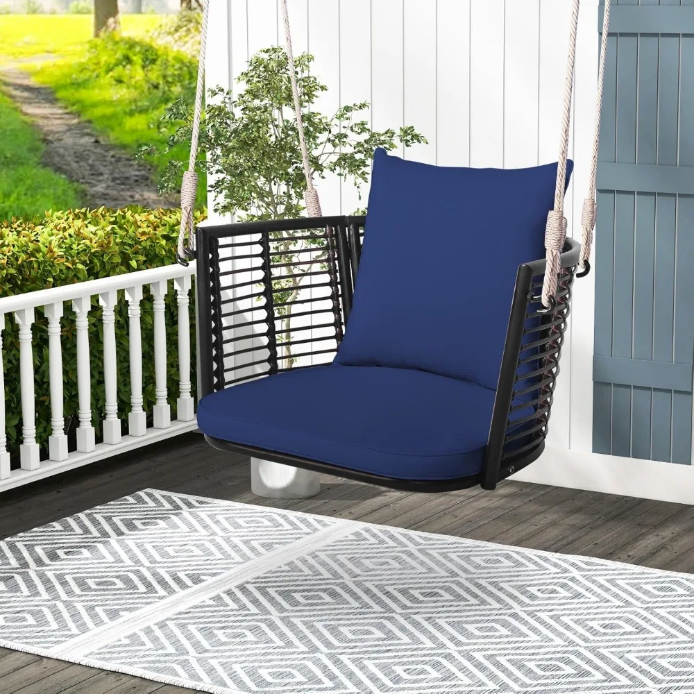 Metal Porch Swing, Single Person Hanging Seat w/Woven Rattan Backrest, 2 Sturdy Hanging Ropes, Patio Swings 3
