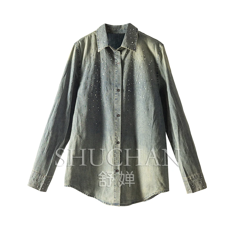 

summer 2024 new 95% cotton denim shirt women diamond blusa feminina women tops shirts for women