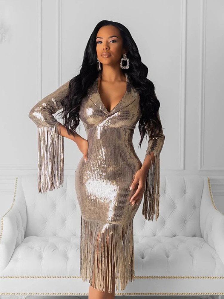 Sequins Blazer Dresses V Neck Notched 