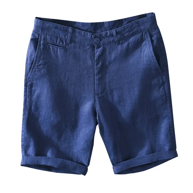 L8216 Mid Waist Linen Beach Shorts Summer Men Simple Business Casual Straight Pockets Solid Color Zipper Work Knee Length Pants 5