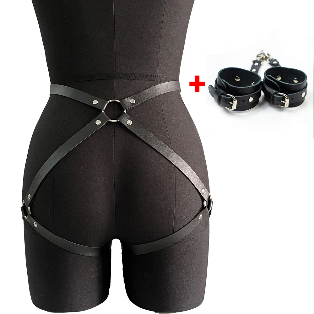 Women's Stylish Leather Thigh Belt and Bracelet Set - Fashionable Fetish Accessory