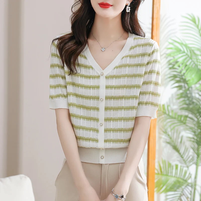 

2024 Women Summer New Casual Button Crop Tops Female Knitted Short Sleeve T-shirts Ladies Fashion V-neck Striped Clothes V22