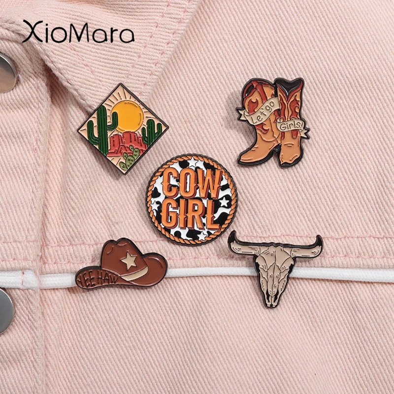 

Yee Haw Cow Girls Boot Vintage Enamel Pins Gothic Longhorn Bull Brooches Lapel Backpack Badge Jewelry Gift for Friends