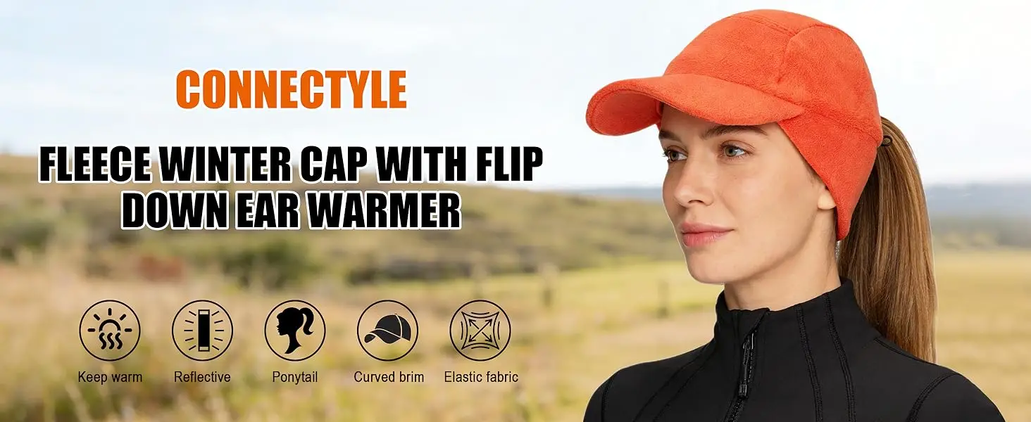 Connectyle Fleece Winter-Baseballmütze mit umklappbarem Ohrenwärmer, reflektierende Outdoor-Schädelmütze für Damen, Pferdeschwanz-Loch-Mütze – Detail 1