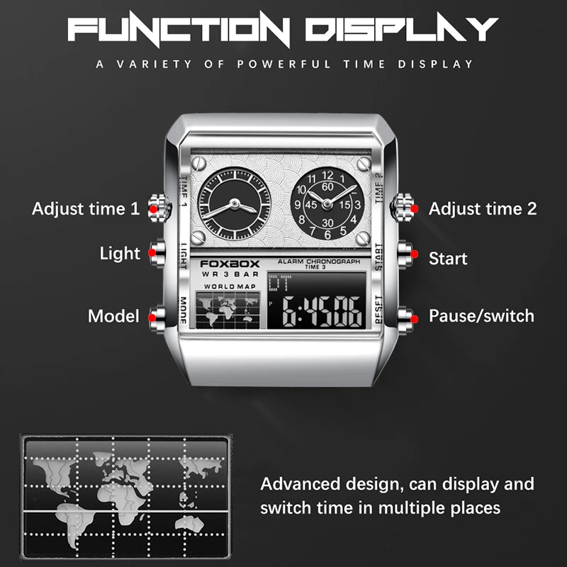 FOXBOX New Luxury Square Stainless Steel Waterproof Watch Men Fashion Men's Digital Watches Military Clock LED Sport Wristwatch