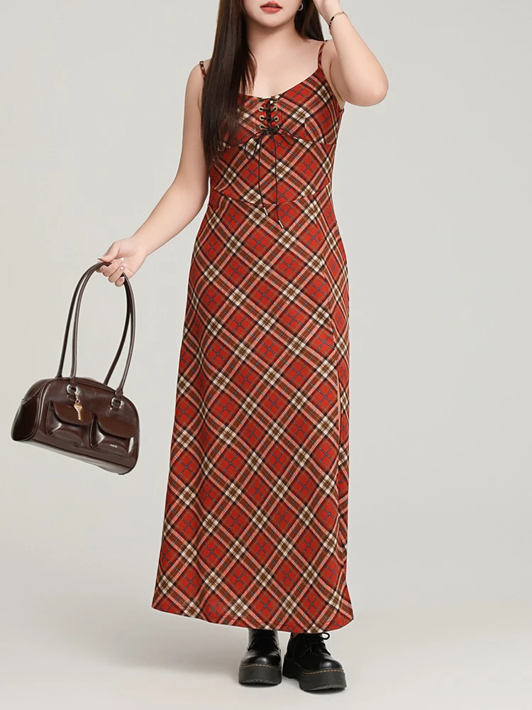 Spaghetti Strap Red Plaid Dress Plus Size 2025 Autumn Sexy Slim Premium Knit Women Long Dress with 56cm Slit