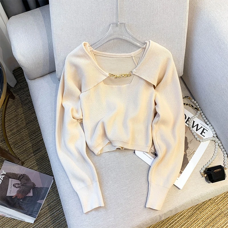 

Women's Korean Style Trendy Solid Color Chain Fake Two Knitwear Sut 2023 Autumn Winter Y2K High-end Knitted Hedging Sweaters
