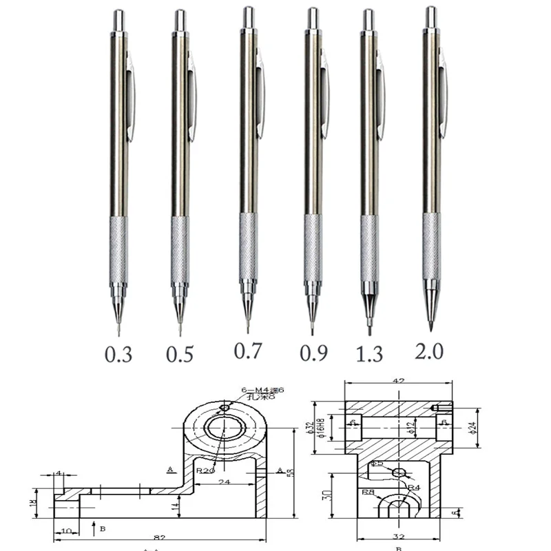 Non Slip Metal Mechanical Automatic Pencil Student Writing 2B HB 0.3 0.5 0.7 1.3 2.0 Painting Black Color Leads For Schematics