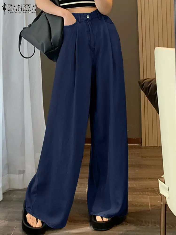 

Брюки ZANZEA женские плиссированные с карманами, повседневные свободные джинсы с широкими штанинами, модные длинные штаны с завышенной талией, лето 2024
