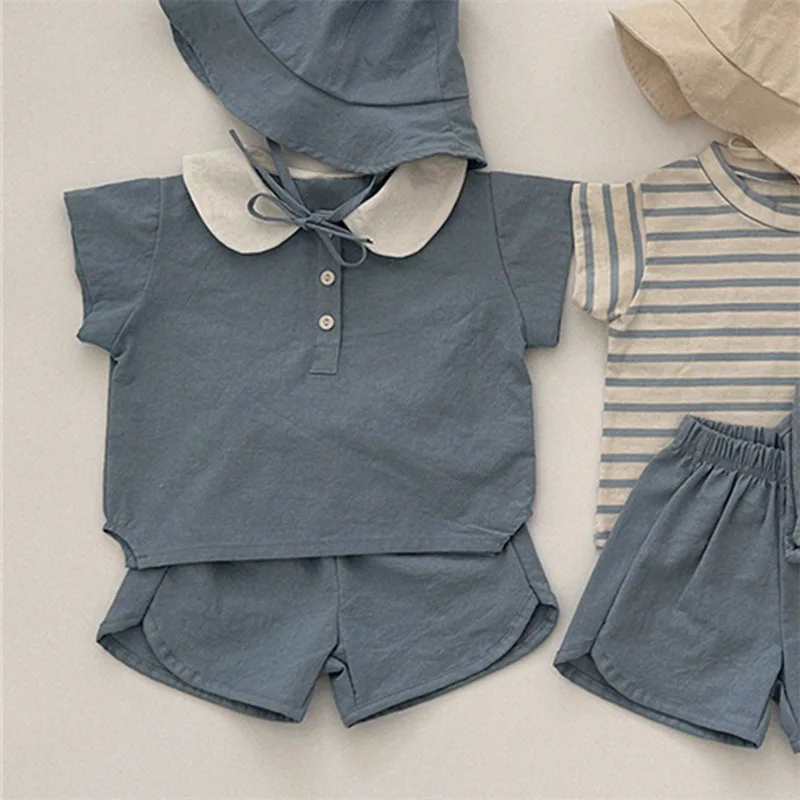 Korean version of ins boys and girls summer new fashion suit cotton trendy lapel short sleeve shorts casual two-piece set