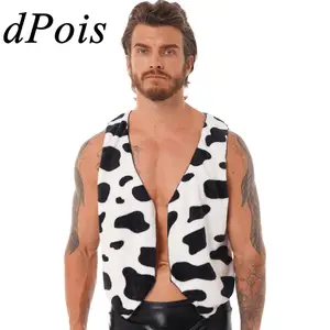 Men Cow Print Vest Adult Festival Vintage Costume Open Front Sleeveless Vest for Halloween Cosplay Carnival Party Waistcoat