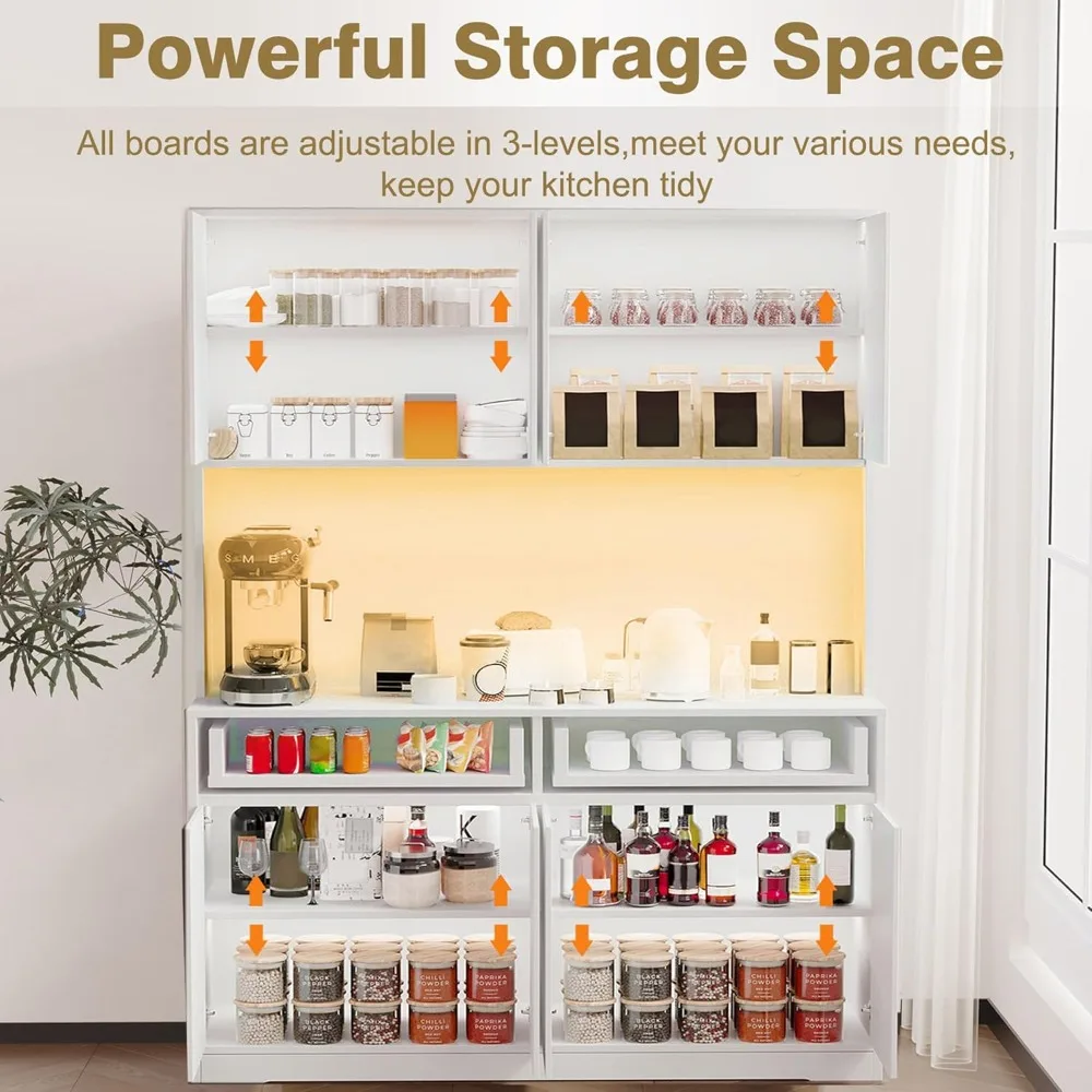 71" Tall 47" Wide Large Kitchen Pantry Storage Cabinet W/ Power Outlet,Led Light, Kitchen Hutch Pantry Cabinet W/ 2, Customized 3