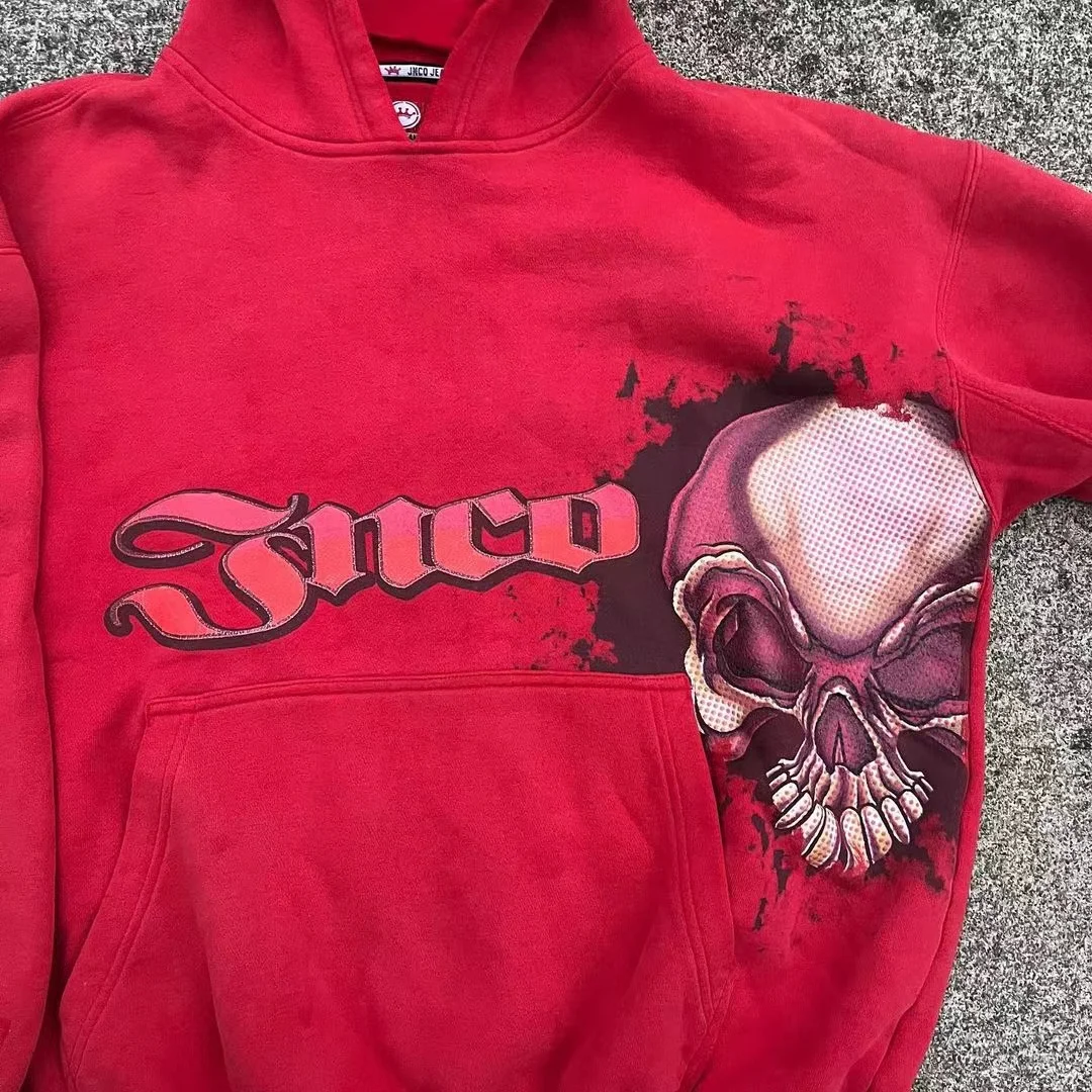 JNCO 고딕 레드 해골 자수 풀오버, 개성 있는 레트로 후디, Y2k 힙합 맨투맨 판매, 남녀공용 스트리트웨어