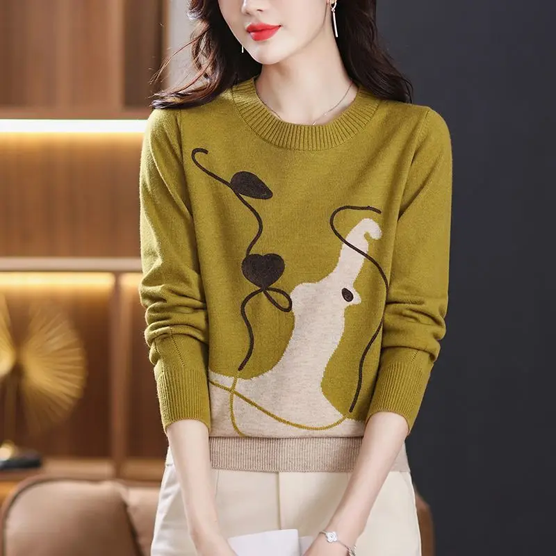 

Women Autumn and Winter New O-Neck Pullover Jacquard Sweater Fashion Upscale Knitted Contrast Casual Versatile Long Sleeve Tops