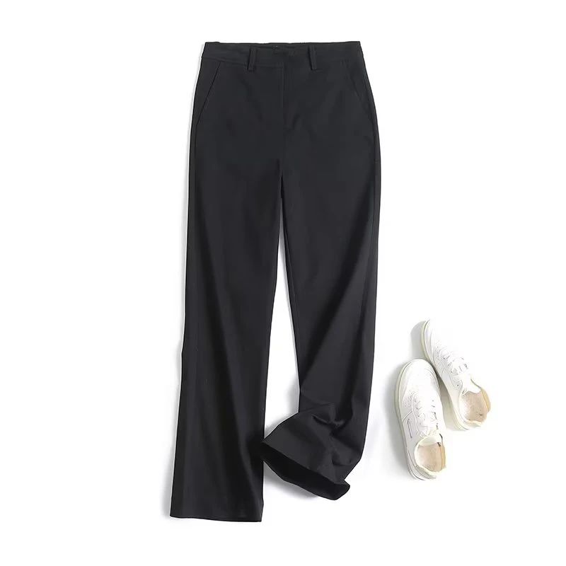 Withered British Simple Commuting Black Horn Casual Flare Pants Fashion Ladies Vintage High Waist Slim Fit Pants Women