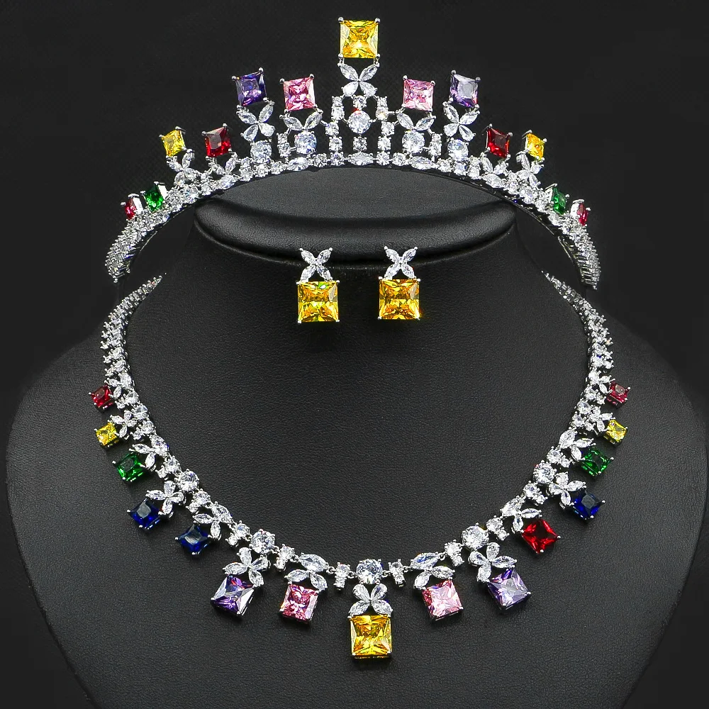 

3PCS Top Quality Zircon Crystal Jewelry Set Women Indian Dubai Luxury Bride Wedding Banquet Party Performance Boutique Accessory