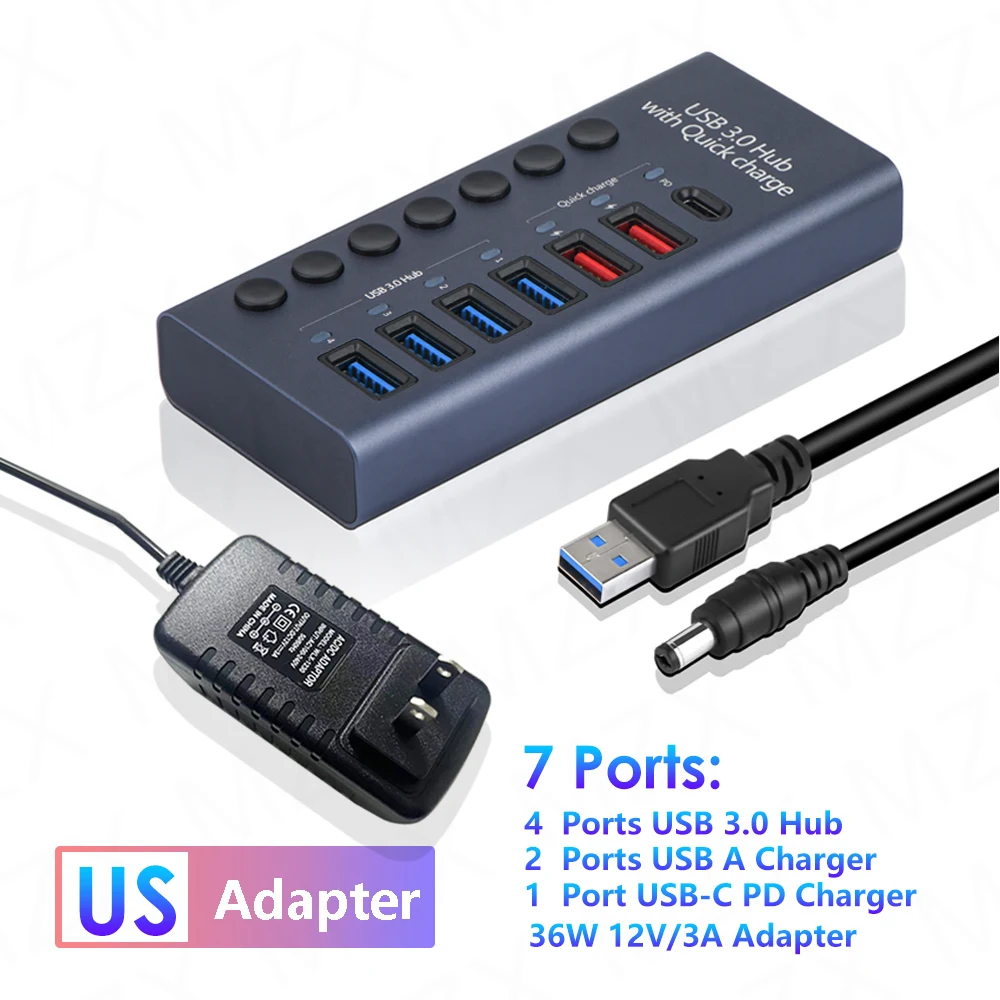 Premium Aluminum USB 3.0 Hub with Multiple Ports and Switch Adapter