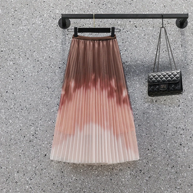 long skirts JMPRS High Waist Women Pleated Skirt Plus Size Tie Dye Gradient Summer Elegant A Line Midi Skirts Korean Fashion Tulle Skirt slazenger skort Skirts