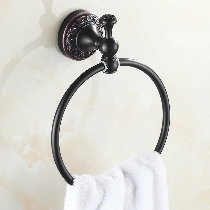 Square base Copper Carved Towel Ring European Vintage Bathroom Hardware Set Black Towel Rack Wall Mounted Bathroom Accesories